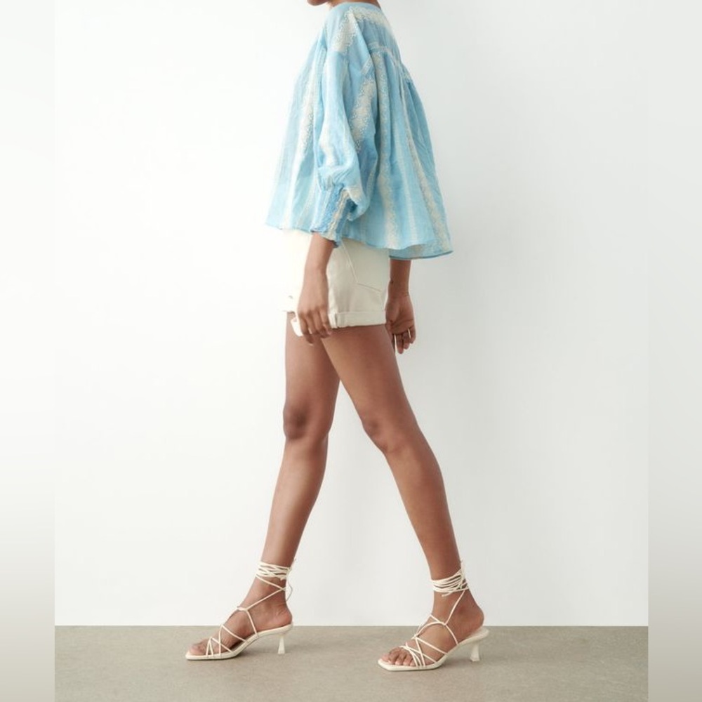 ZARA SMOCKED BALLOON SLEEVE COMBINATION EMBROIDERED BUTTON DOWN SHIRT - Picture 7 of 7